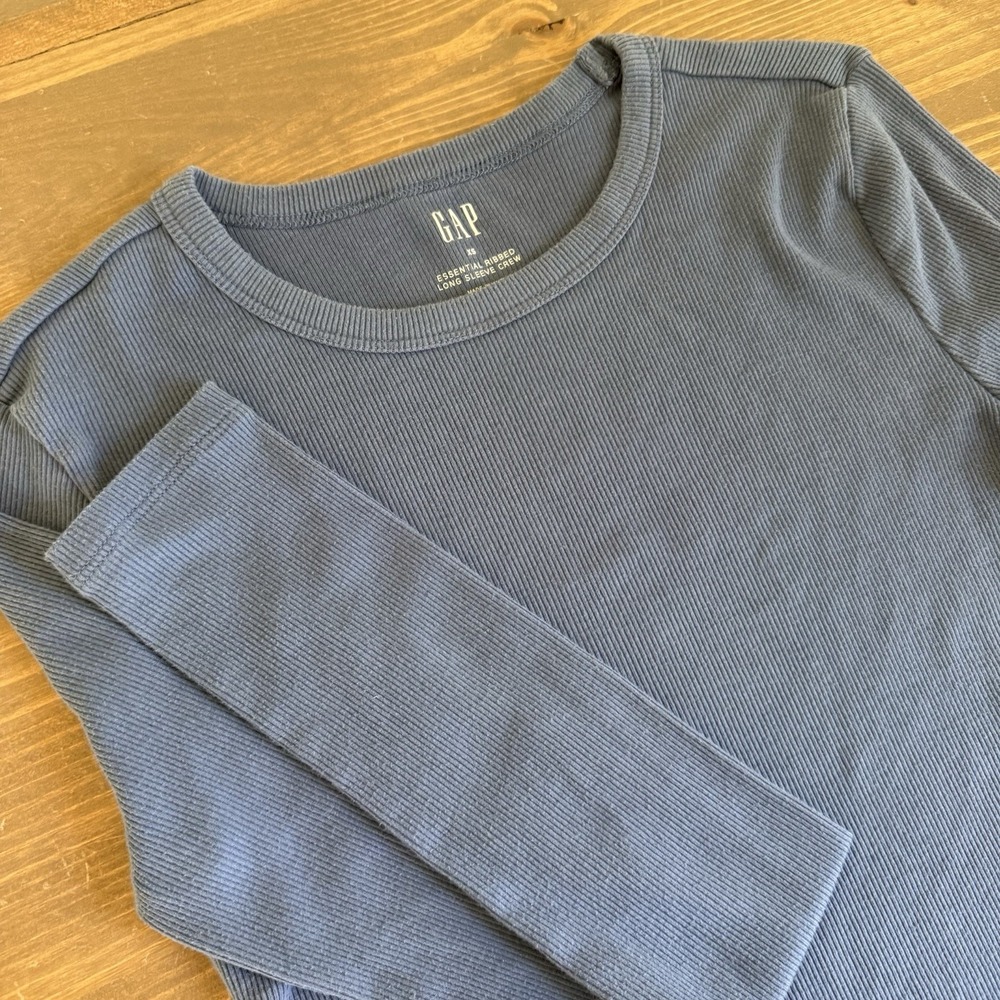 Gap Womens XS Blue Ribbed Crewneck Long Sleeve Essential T-Shirt Top